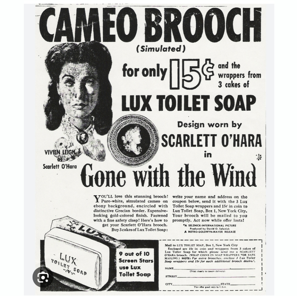 Vintage Gone with the Wind cameo brooch Scarlett O'Hara Lux Soap pin gol… - Picture 3 of 11